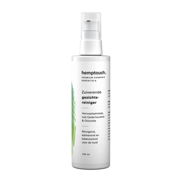 A bottle of Hemptouch purifying face cleanser (100 ml) on a white background.