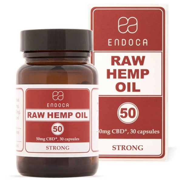 a box of Endoca CBD Capsules 3% (30 pcs) next to a bottle of raw hemp oil.