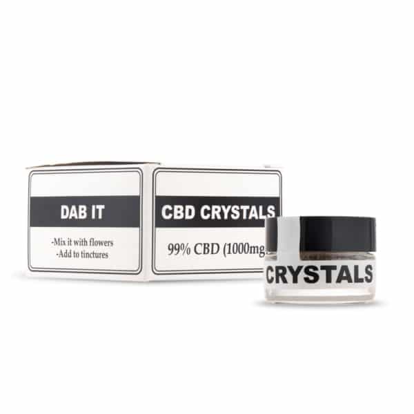 A bottle of Endoca CBD Crystals 99% (1000mg Pure CBD) next to a box of Endoca CBD Crystals 99% (1000mg Pure CBD).