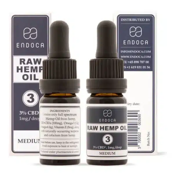 Two bottles of Endoca CBD Oil 3% with droppers shown, each with labeled and boxed packaging indicating medium strength and a detailed ingredients list.