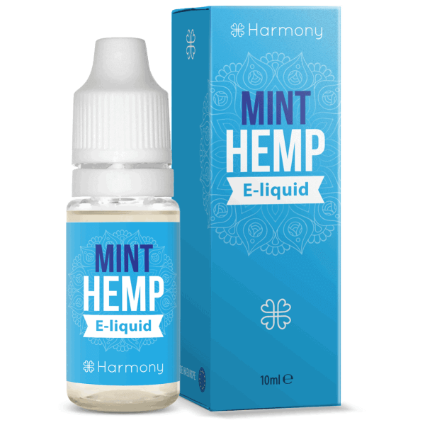 a bottle of Harmony E-liquid 300mg CBD - Classic Hemp (10ml) next to a box.