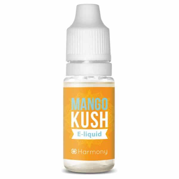 A bottle of Harmony E-liquid 100mg CBD – Mango Kush (10ml).