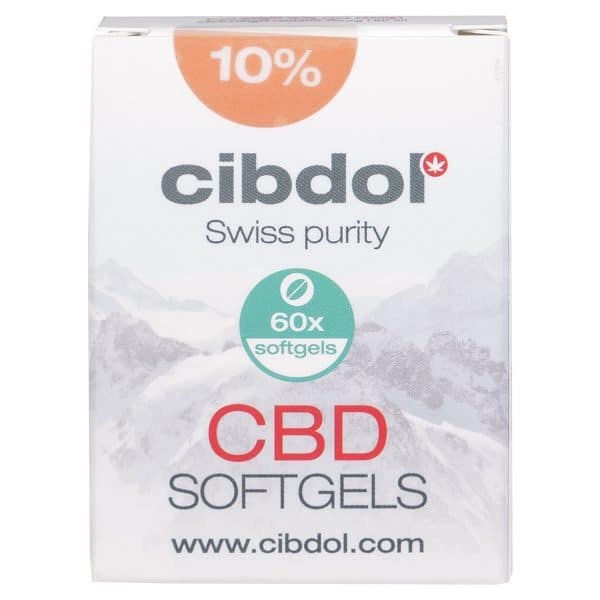 A box of Cibdol 10% CBD softgel capsules (60 pieces – 16 mg) on a white background.