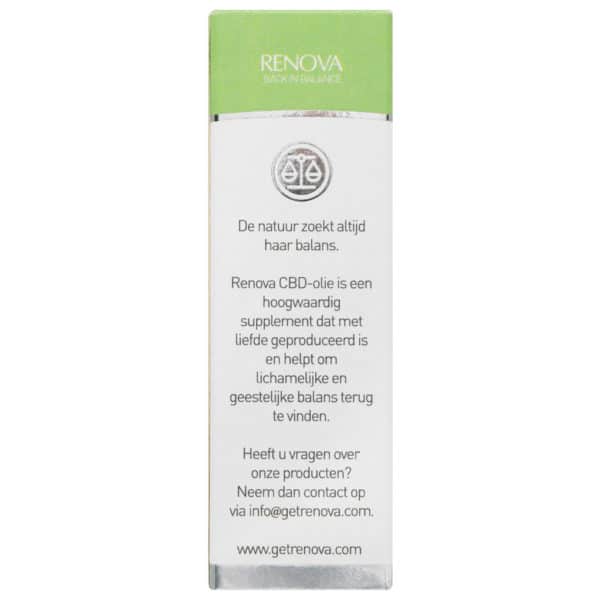 A white tube with a green label on it can refer to Renova CBD oil 5%.