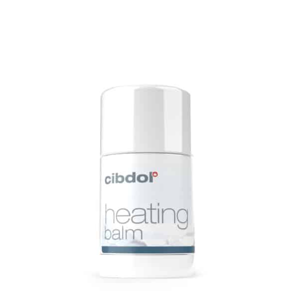 A bottle of Cibdol Heating Muscle Balm with CBD on a white background.