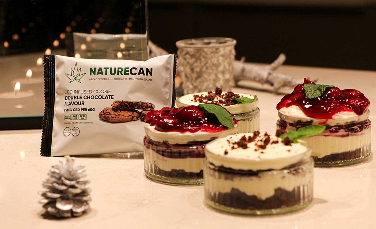 three desserts are sitting on a table next to a bag of naturecan.