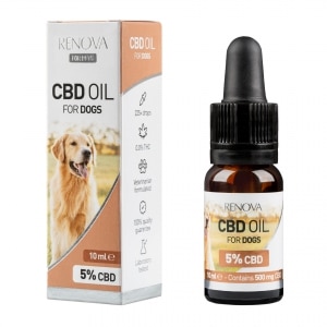 A bottle of Renova - CBD oil 5% for dogs (10ml) next to a box of Renova - CBD oil 5% for dogs (10ml).