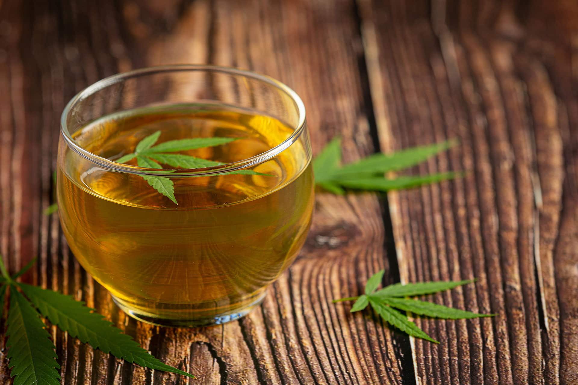 a glass cup filled with a green leaf tea.