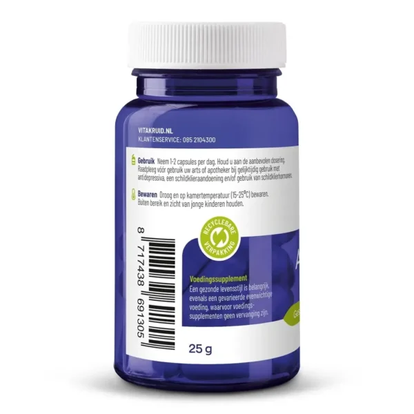 A blue plastic bottle with a white cap contains 60 vegan capsules of Vitakruid – Ashwagandha KSM-66® & Bioperine®. The label displays instructions in Dutch and a recycling symbol.
