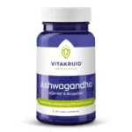 A blue bottle of Vitakruid – Ashwagandha KSM-66® & Bioperine® contains 60 vegan capsules, standardized to 5% withanolides.