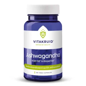A blue bottle of Vitakruid – Ashwagandha KSM-66® & Bioperine® contains 60 vegan capsules, standardized to 5% withanolides.