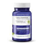 Blue bottle of Vitakruid – Ashwagandha KSM-66® & Bioperine® (60 vegan capsules) with white label displaying Dutch ingredient and dosage info, product certification, and storage instructions.