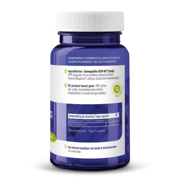 Blue bottle of Vitakruid – Ashwagandha KSM-66® & Bioperine® (60 vegan capsules) with white label displaying Dutch ingredient and dosage info, product certification, and storage instructions.