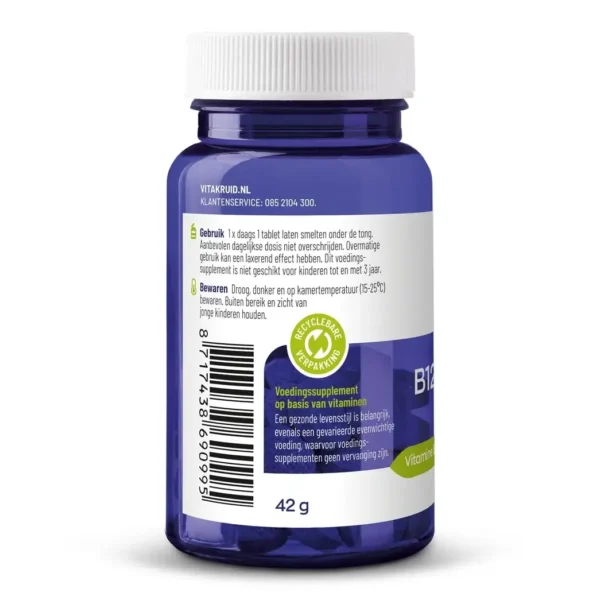 Vitakruid – B12 Combi 6000® with Folate and P-5-P (60 Lozenges) in a blue bottle features Dutch instructions and a green recyclable packaging symbol on the label.