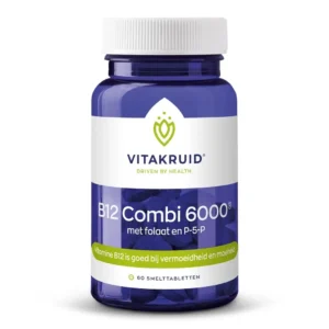 A bottle of Vitakruid – B12 Combi 6000® with Folate and P-5-P (60 lozenges), featuring Dutch label text and a white and blue design.