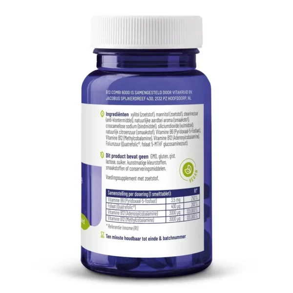 A blue plastic bottle of Vitakruid – B12 Combi 6000® with Folate and P-5-P (60 Lozenges) has a white cap and displays supplement ingredient and nutrition information in Dutch on the back label.