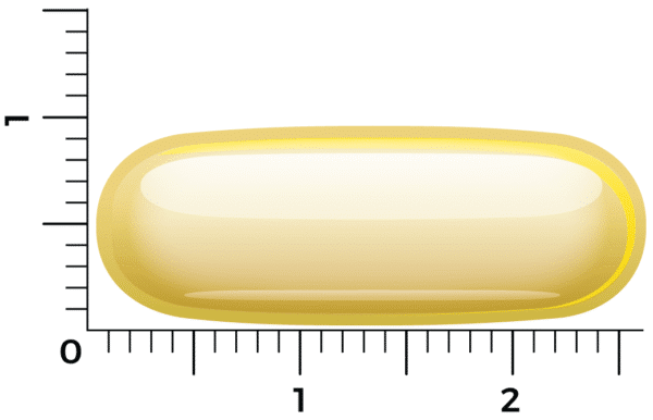 A Vitakruid – Fish Oil 1400 TG® with D3 softgel capsule, yellow and translucent, is shown next to a ruler, measuring about 2.3 cm in length.