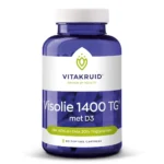 A blue bottle labeled "Vitakruid – Fish Oil 1400 TG® with D3" contains 90 softgel capsules with 40% EPA and 30% DHA in triglyceride form.