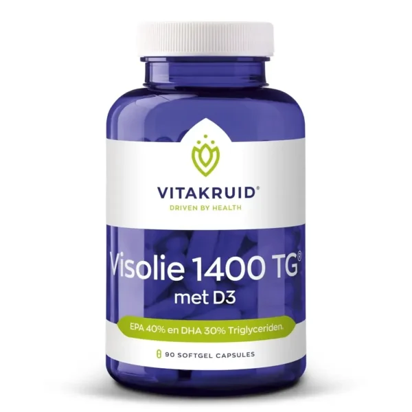 A blue bottle labeled "Vitakruid – Fish Oil 1400 TG® with D3" contains 90 softgel capsules with 40% EPA and 30% DHA in triglyceride form.