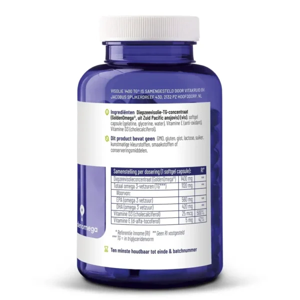 A blue bottle of Vitakruid – Fish Oil 1400 TG® with D3 (90 Softgel Capsules) features a white label detailing ingredients, nutritional info, and usage instructions in Dutch.
