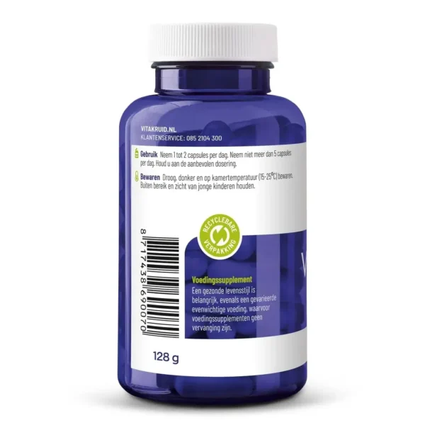 Blue plastic bottle of Vitakruid – Fish Oil Forte (90 Pieces – 1000mg per capsule) with a white Dutch label showing product info, dosage instructions, barcode, weight (128g), and a green recyclable packaging symbol.