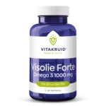 A blue bottle labeled “Vitakruid – Fish Oil Forte (90 Pieces – 1000mg Fish Oil per Softgel Capsule)” with a white and green design.