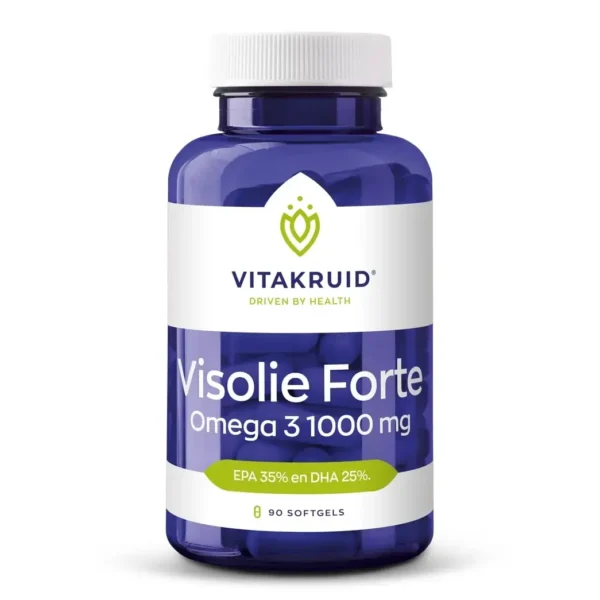A blue bottle labeled “Vitakruid – Fish Oil Forte (90 Pieces – 1000mg Fish Oil per Softgel Capsule)” with a white and green design.