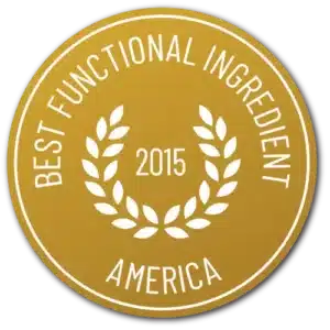 Gold circular badge adorned with a white laurel wreath, featuring the text: "Best Functional Ingredient 2015 America." Product in focus: Vitakruid – Vitamin D3 & K2 (30ml).