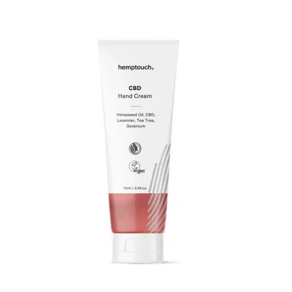 Hemptouch - CBD Hand Cream (75ml) tube features hempseed oil, CBD, lavender, tea tree, and geranium.