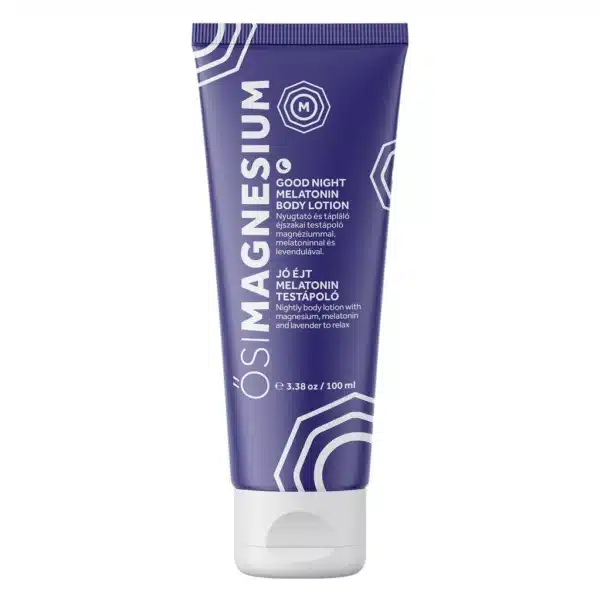 OsiMagnesium – Good Night Melatonin Body Lotion (100ml) comes in a tube with a dark blue design, hexagonal patterns, and white text.