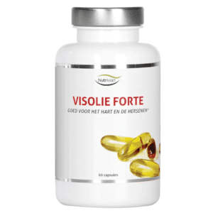 The Nutrivian - Fishoil Forte bottle is white and labeled with images of yellow capsules. It contains 120 softgel capsules and is described as beneficial for heart and brain health.